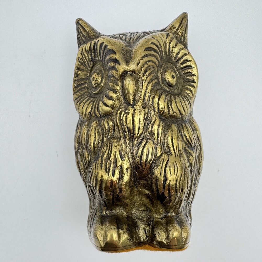 Vintage Owl Figurine 5" Heavy Paperweight MCM Bird Decor Statue Felt 1 lb 1970s